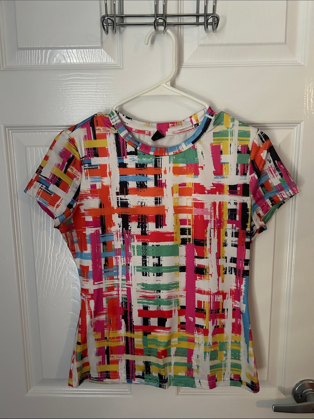 SHEIN White Tee with Pink, Red and Blue Brushstroke Accents